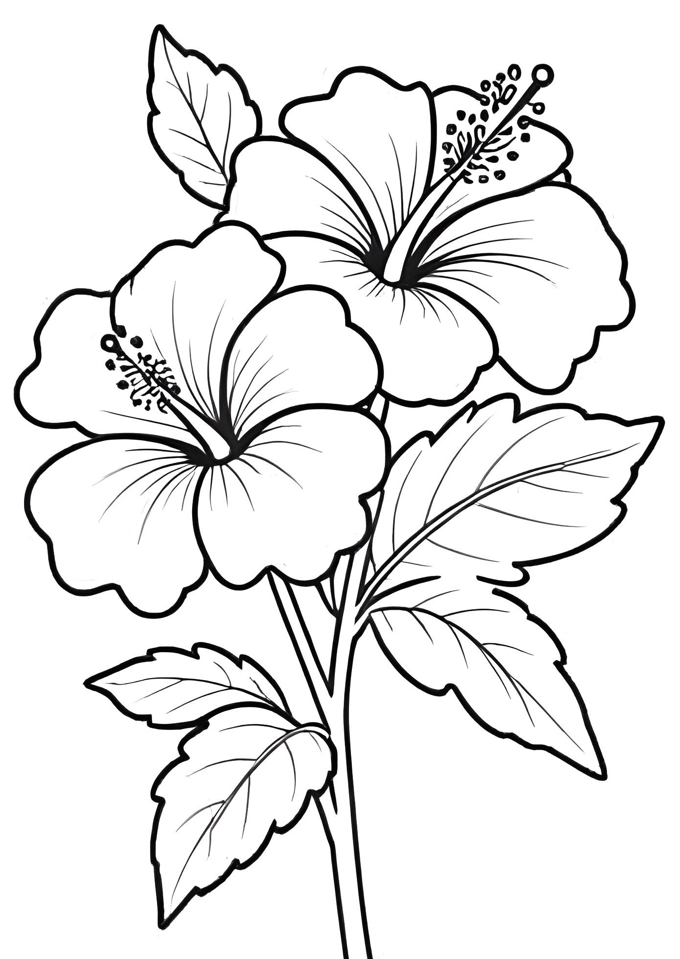 Desenho de hibisco tropical com pétalas grandes, estames longos e folhas ovais para imprimir e colorir.