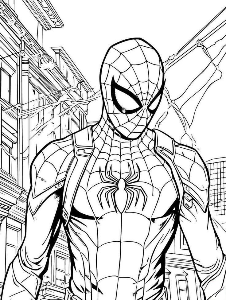 Desenho do Homem-Aranha em pose heroica com prédios ao fundo, pronto para imprimir e colorir.