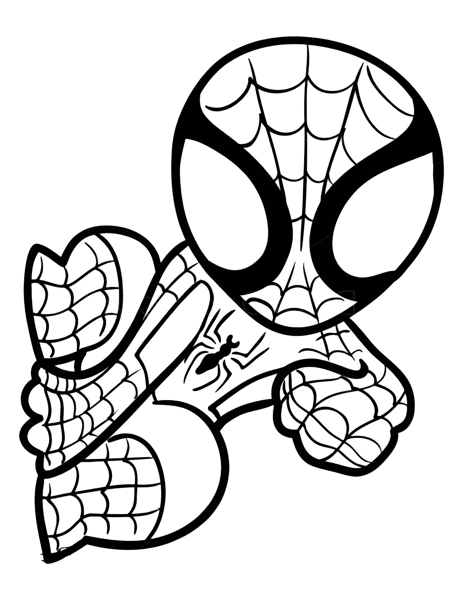 Desenho radical do Homem-Aranha em estilo Chibi com teias e pose dinâmica para imprimir e colorir.