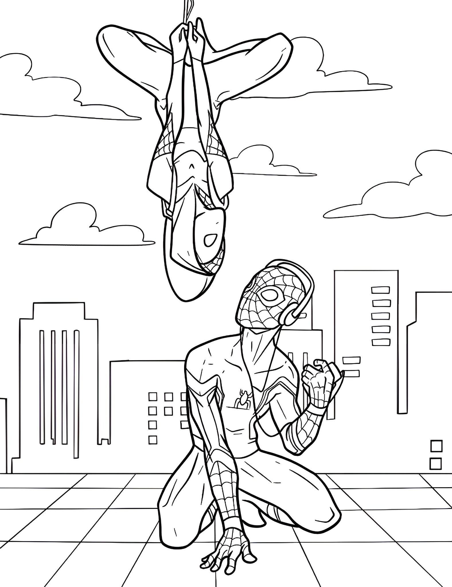 Desenho do Homem-Aranha e Gwen Stacy com violão e teias em cenário urbano para imprimir e colorir.