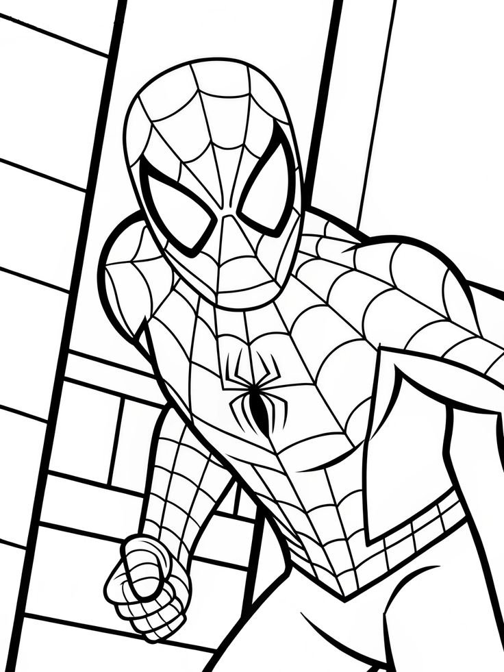 Homem-Aranha com máscara de teia e símbolo de aranha para imprimir e colorir.