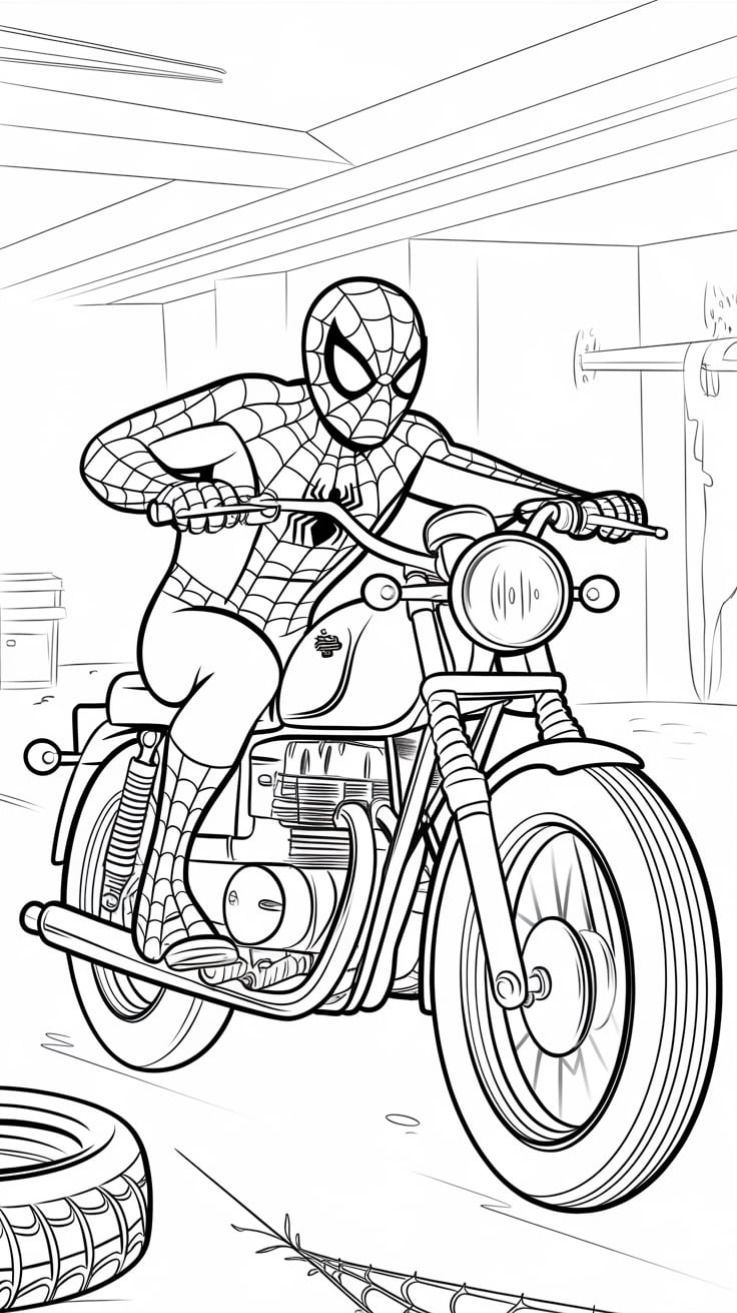 Desenho do Homem-Aranha de moto em uma oficina, perfeito para imprimir e colorir. Solte sua criatividade!