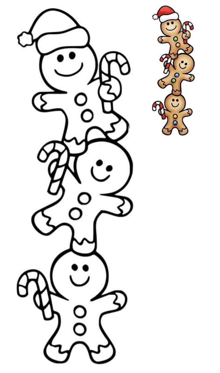 Desenho de homem biscoito de gengibre sorrindo com gorro de Natal e bengala doce para imprimir e colorir.