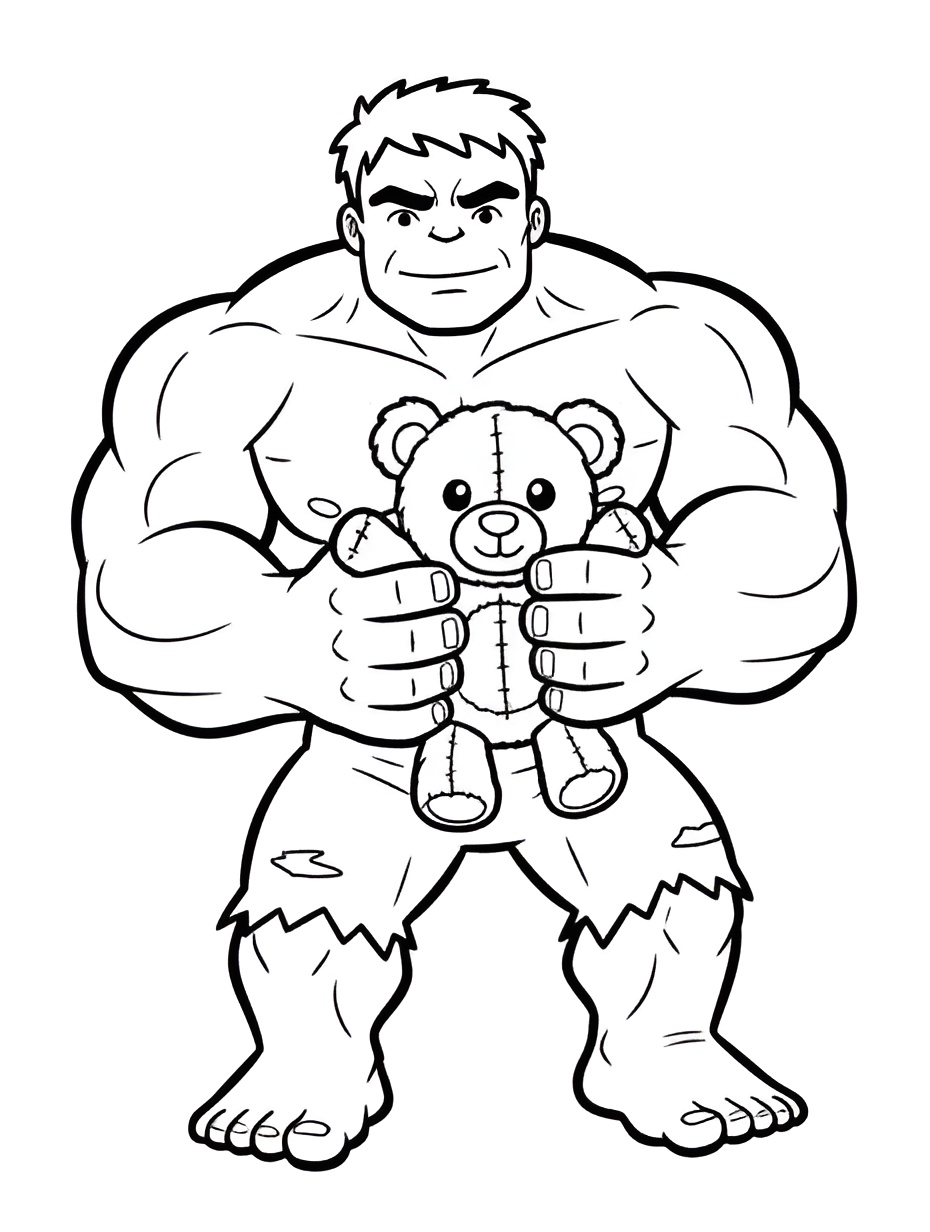 Desenho do Hulk amigável segurando um ursinho de pelúcia, mostrando seu lado carinhoso, pronto para imprimir e colorir.