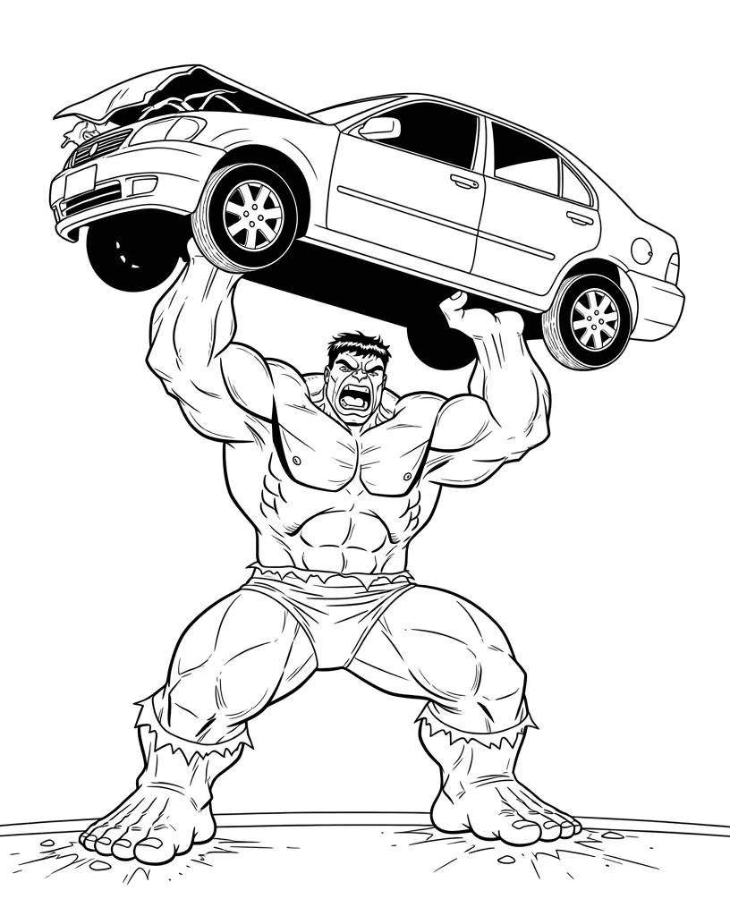 Desenho do Hulk bravo levantando um carro amassado, demonstrando sua força e raiva, pronto para imprimir e colorir.