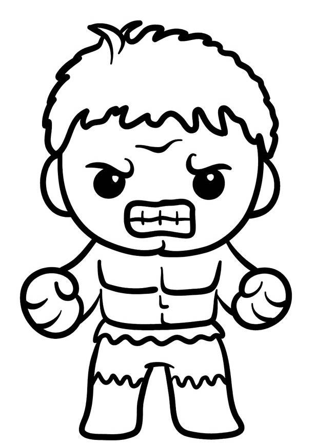Desenho do Hulk em estilo Kawaii, com cabeça grande e expressão brava, para imprimir e colorir.