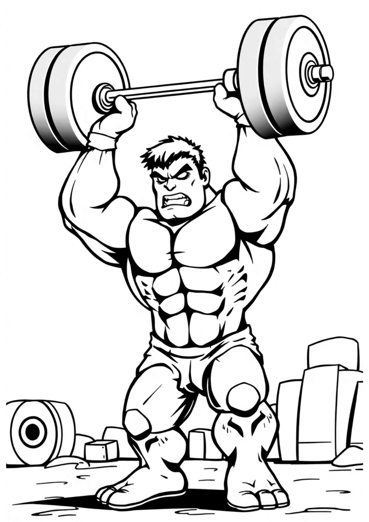 Desenho do Hulk na academia levantando peso, com feição de raiva e muita força para imprimir e colorir.