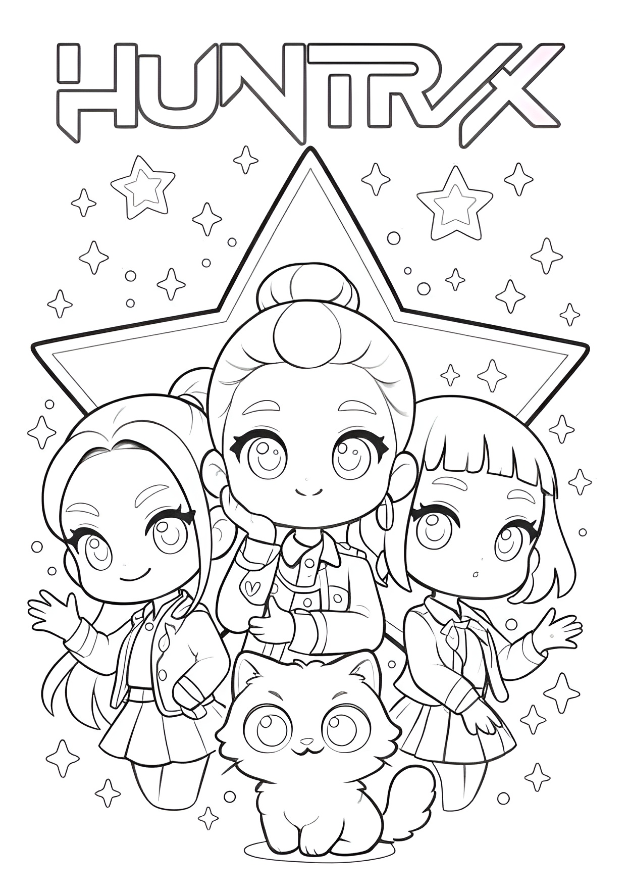 Desenho de HUNTRIX, guerreiras K-pop com estilo kawaii, uniformes escolares e um gato fofo, prontas para colorir e imprimir.