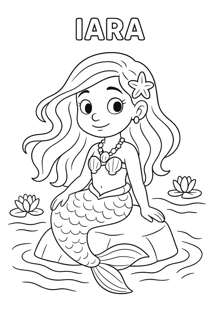 Desenho da Iara, a sereia do folclore brasileiro, com flor no cabelo, colar de pérolas e cauda escamada para colorir.