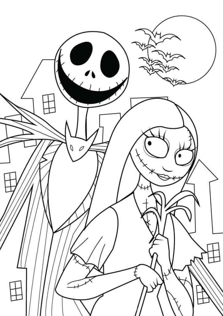 Desenho de Jack Skellington e Sally em uma noite de Halloween com casas e lua cheia, para imprimir e colorir.
