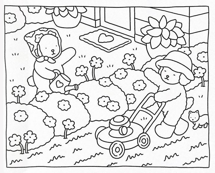 Desenho de jardinagem da Bobbie Goods com ursinhos cuidando das plantas, flores e um gatinho observando tudo para imprimir e colorir.