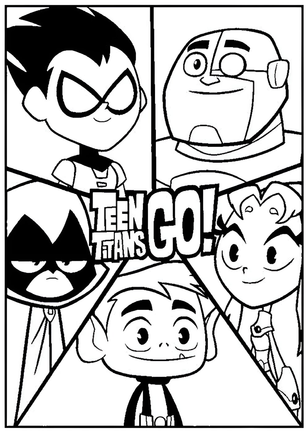 Desenho dos Jovens Titãs em Ação com Robin, Cyborg, Ravena, Estelar e Mutano para imprimir e colorir.