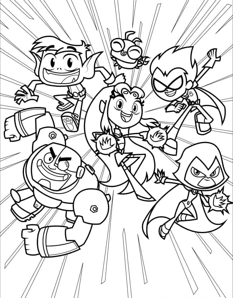 Desenho dos Jovens Titãs em Ação em pose heroica, com fundo dinâmico para imprimir e colorir.