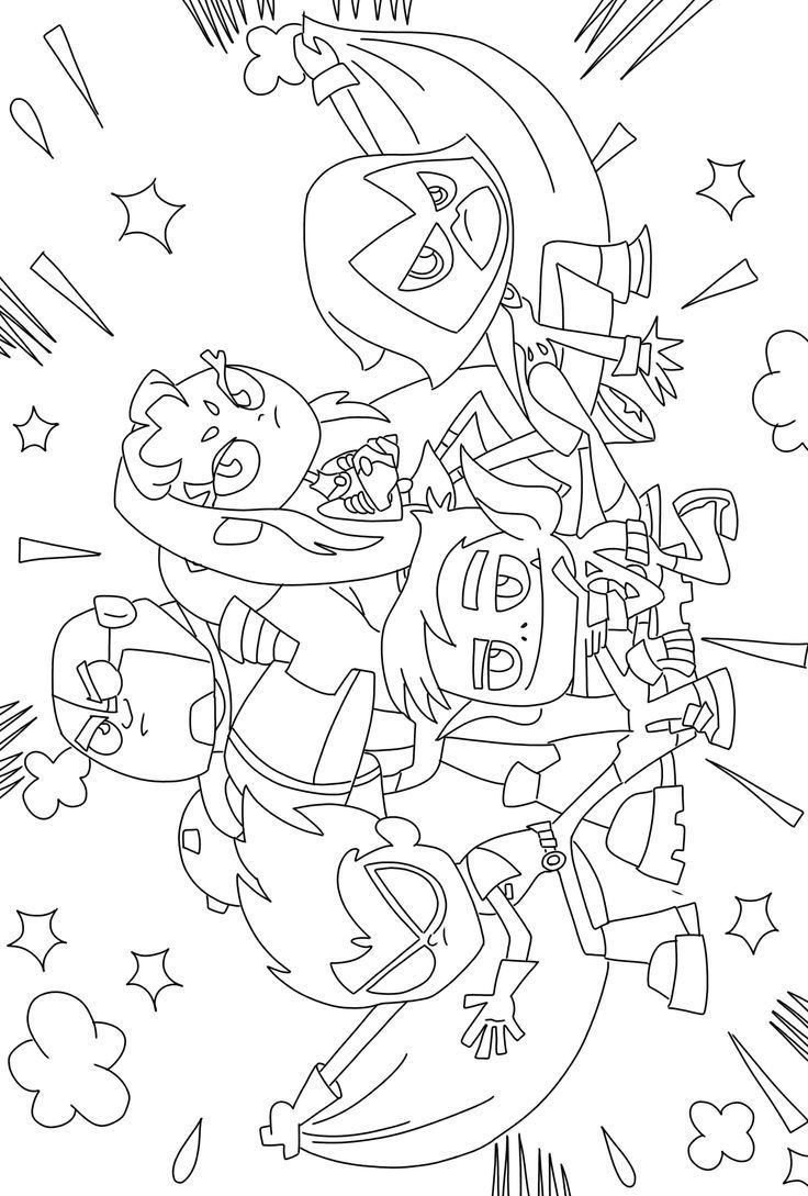 Desenho dos Jovens Titãs em Ação com Ravena, Mutano, Ciborgue, Estelar e Robin em fundo com explosões para imprimir e colorir.