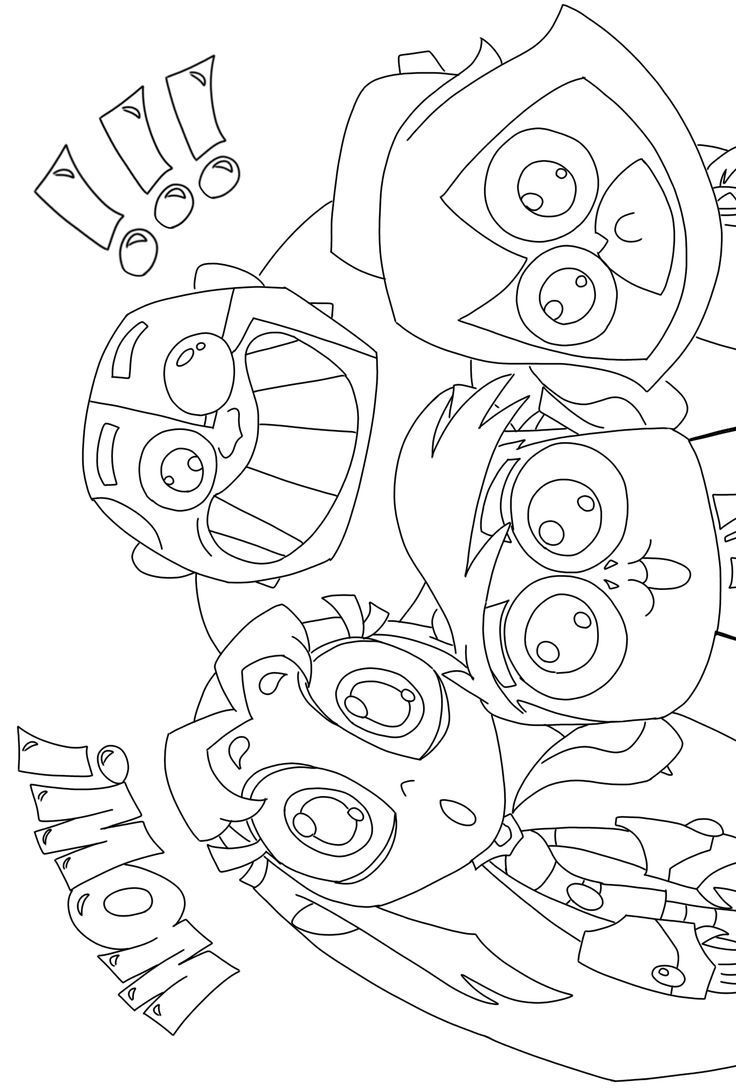 Desenho dos Jovens Titãs em Ação com expressões faciais caricaturais e a palavra 'WOW!' para imprimir e colorir.