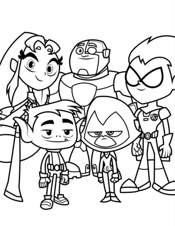 Desenho dos Jovens Titãs com Starfire, Cyborg, Robin, Beast Boy e Raven para imprimir e colorir.