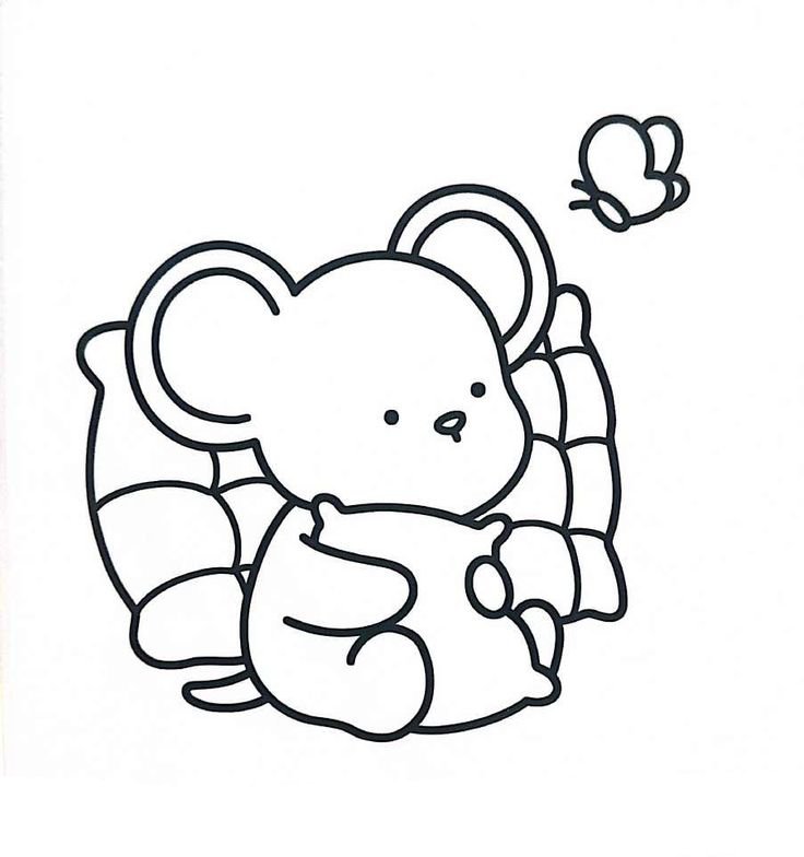 Desenho de um koala fofo sentado em um cobertor com uma borboleta voando ao redor, ideal para colorir e aprender sobre a natureza.