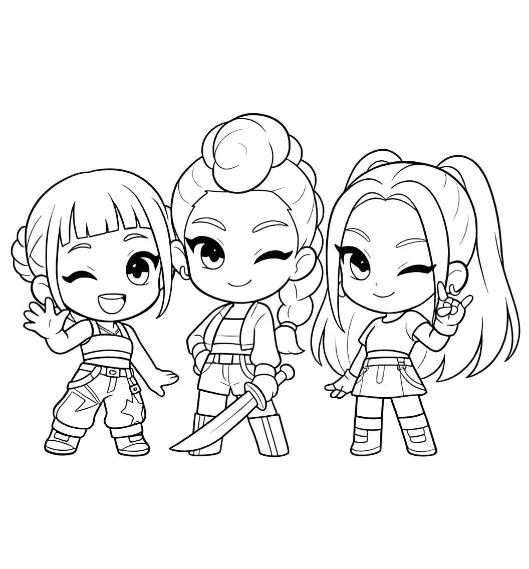 Desenho de um trio de Kpop Guerreiras em estilo anime chibi para imprimir e colorir.