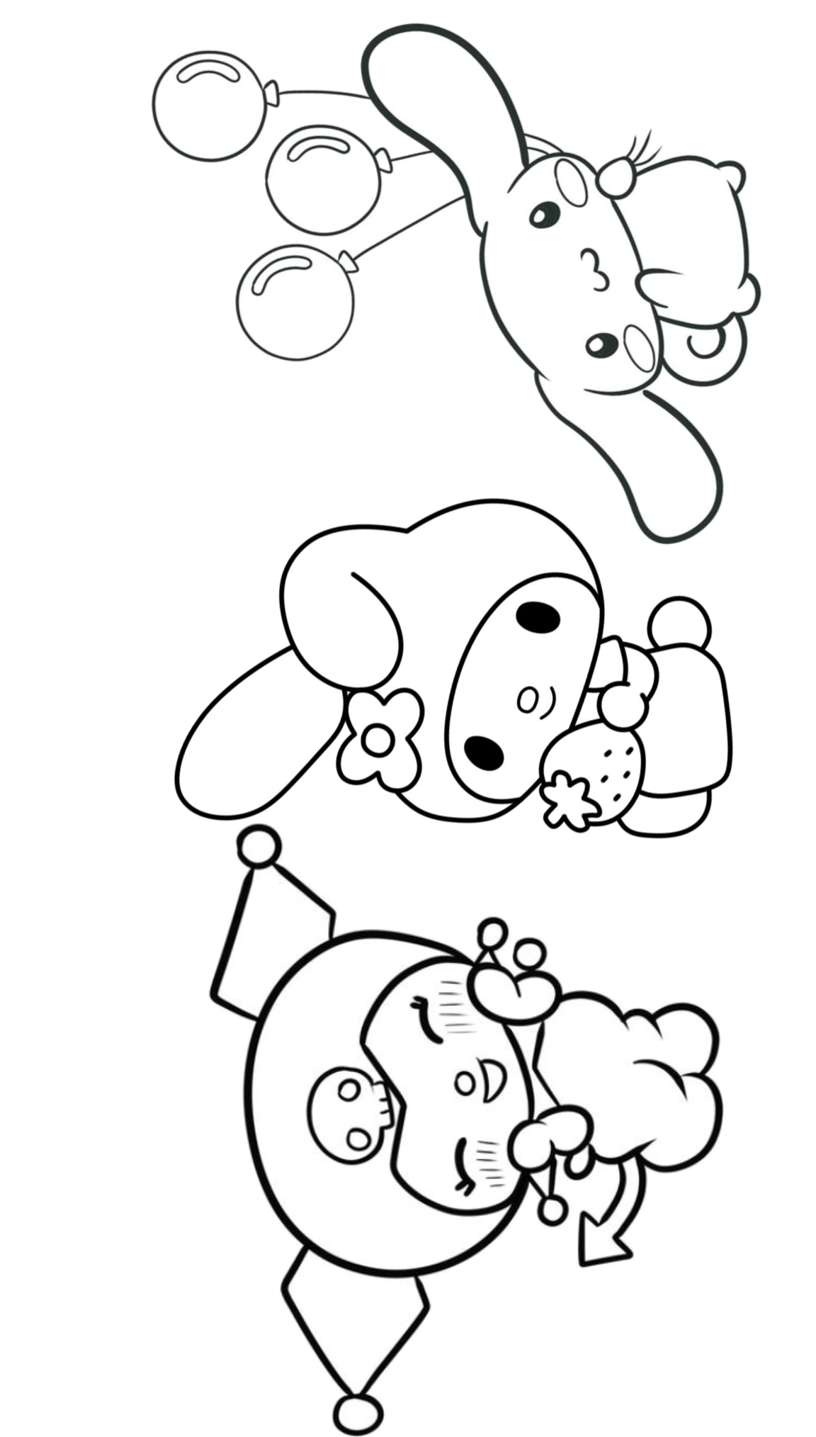 Desenho da Kuromi, um coelho персонажей de desenho animado com balões, flor, morango e coelho palhaço para imprimir e colorir.