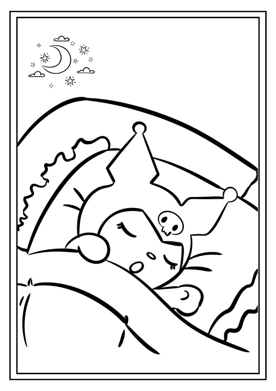 Desenho da Kuromi dormindo em sua cama fofa com lua e estrelas para imprimir e colorir.