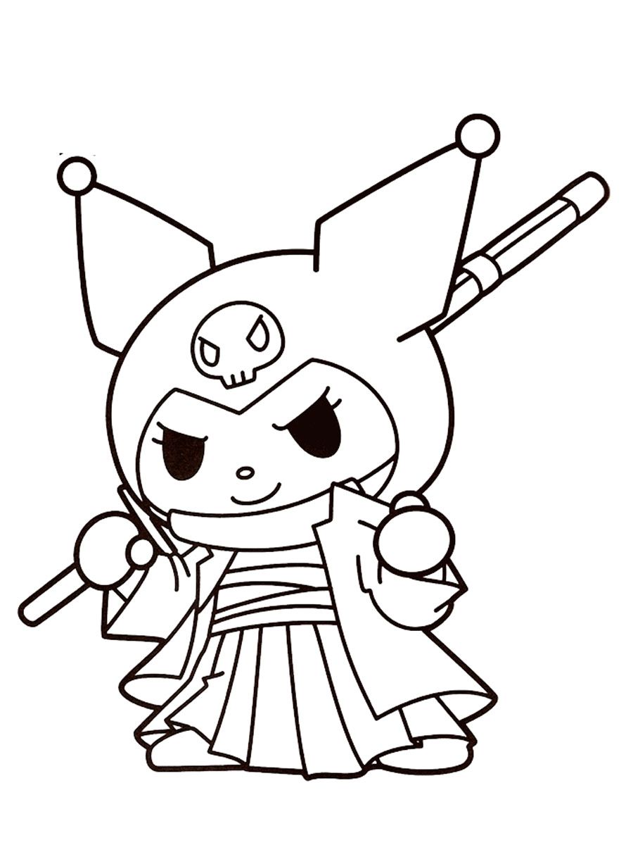 Desenho da Kuromi vestida de samurai, com espada e chapéu de caveira, pronta para a batalha para colorir.