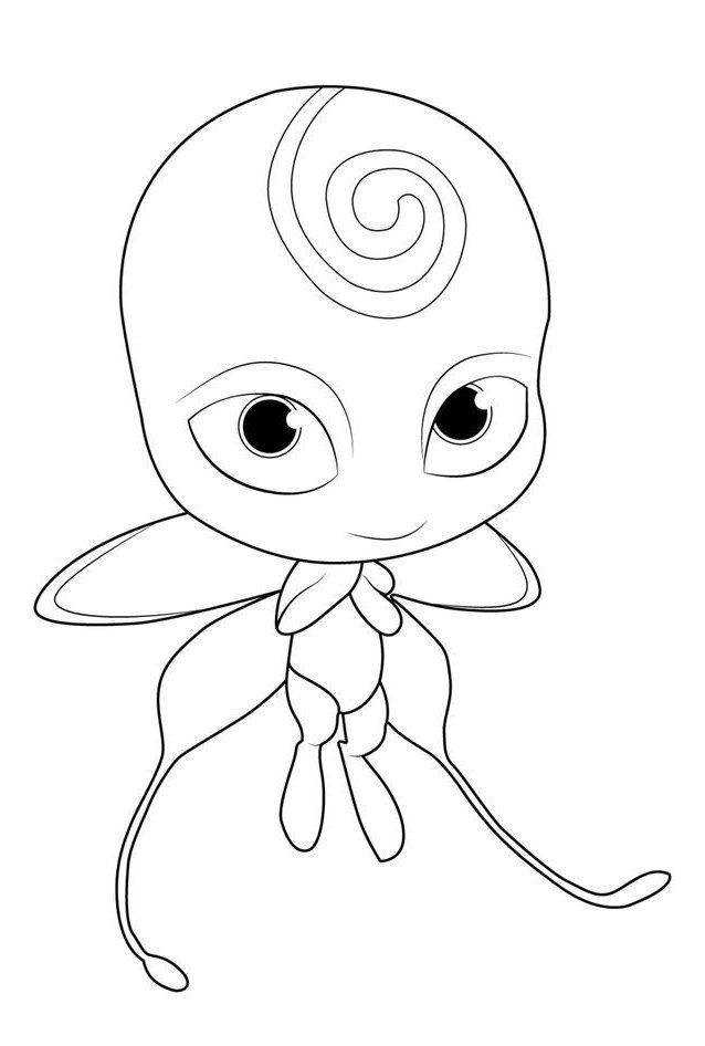 Desenho de um Kwami do desenho Miraculous, com corpo pequeno, asas de borboleta e grandes olhos expressivos, perfeito para colorir.