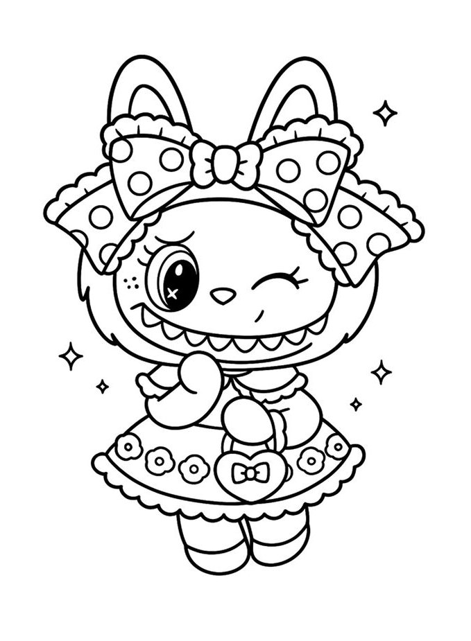 Desenho da Labuboa fêmea com orelhas de coelho, laço, vestido de babados, bolsa de coração e estrelinhas para imprimir e colorir.