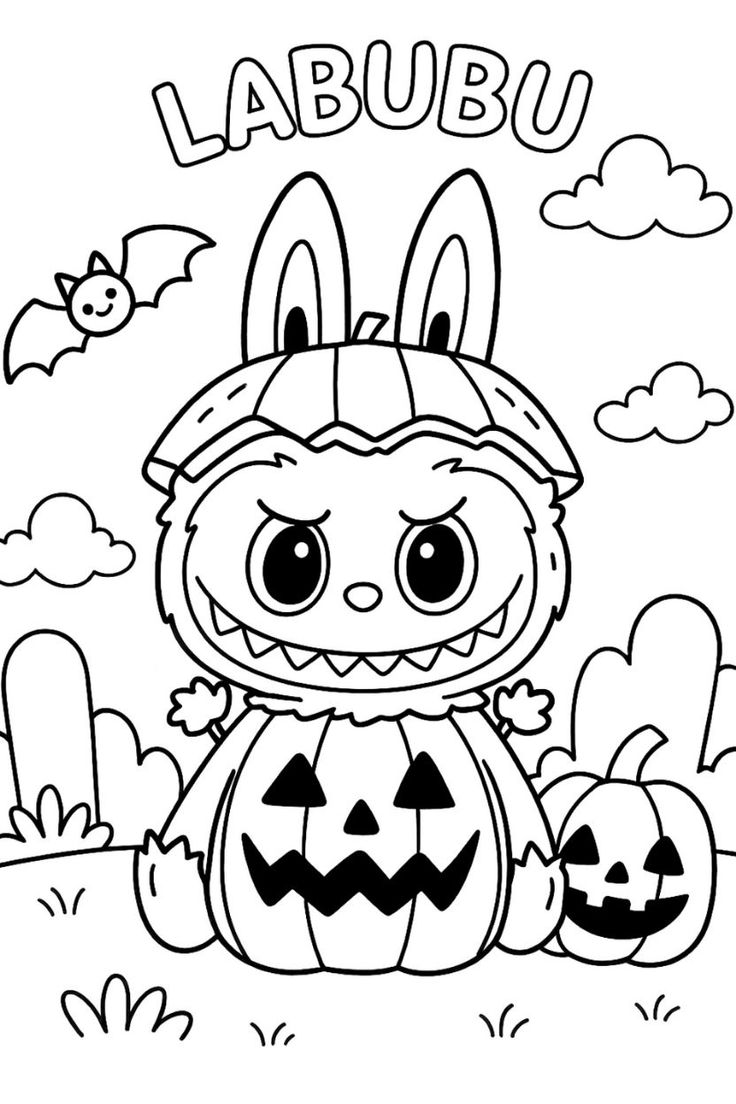 Desenho de criatura antropomórfica vestida com fantasia de abóbora de Halloween, com morcego sorrindo e lápide ao fundo para imprimir e colorir.