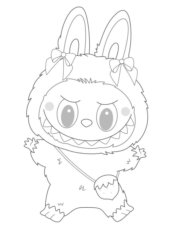 Desenho de Labubu, uma criatura mágica com orelhas de coelho, boca de monstrinho e uma bolsa de morango, pronto para colorir e dar vida.