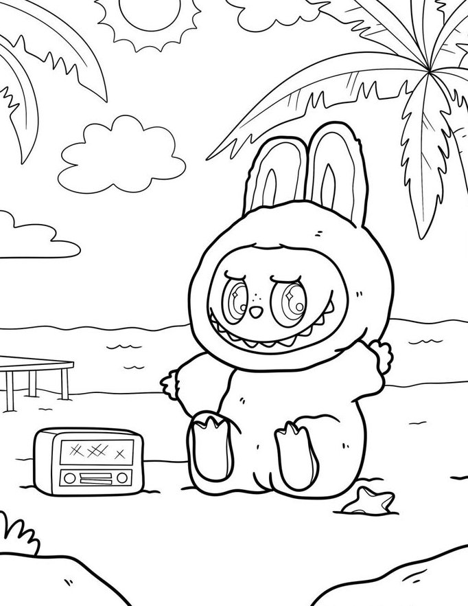 Desenho de Labubu, criatura fantasiada de coelho, relaxando na praia com ondas, palmeiras e sol para imprimir e colorir.