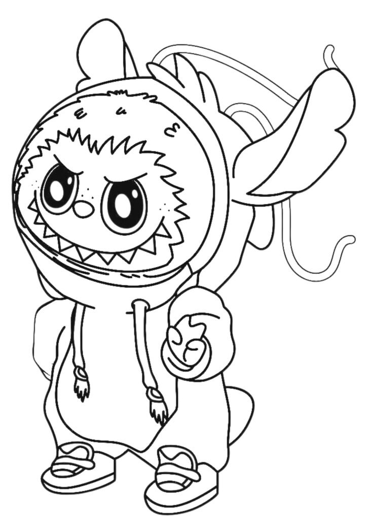 Desenho de Labubu, criatura antropomórfica com grandes olhos, vestindo moletom com capuz e tênis, ideal para imprimir e colorir.