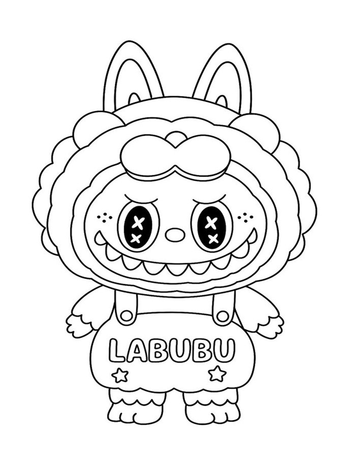 Desenho do personagem Labubu, criatura com orelhas de coelho, olhos em X e macacão com a inscrição LABUBU para imprimir e colorir.