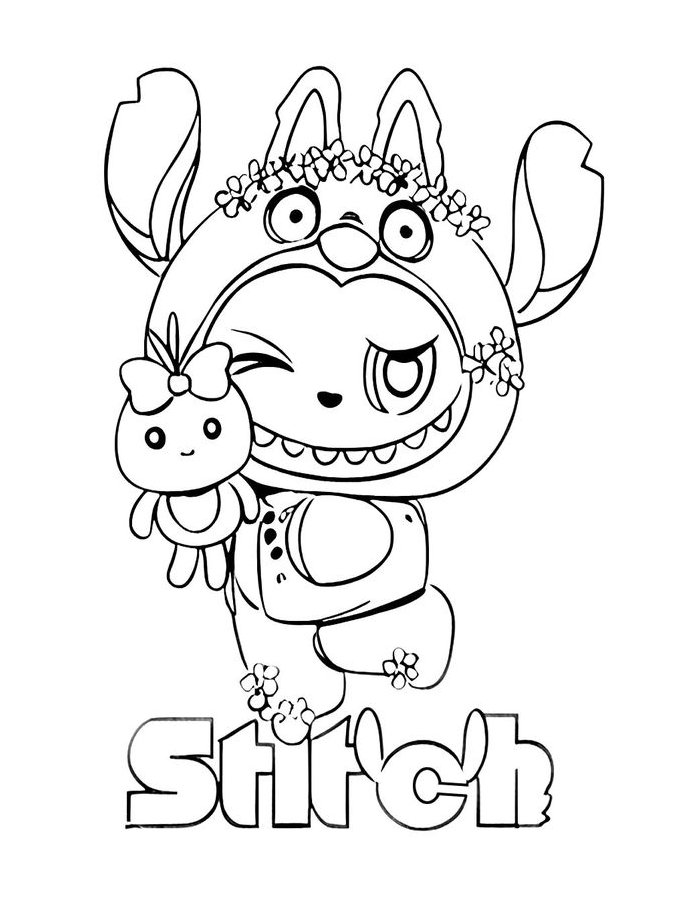 Desenho do Labubu vestindo fantasia do Stitch com flores e segurando um ursinho de pelúcia para imprimir e colorir.