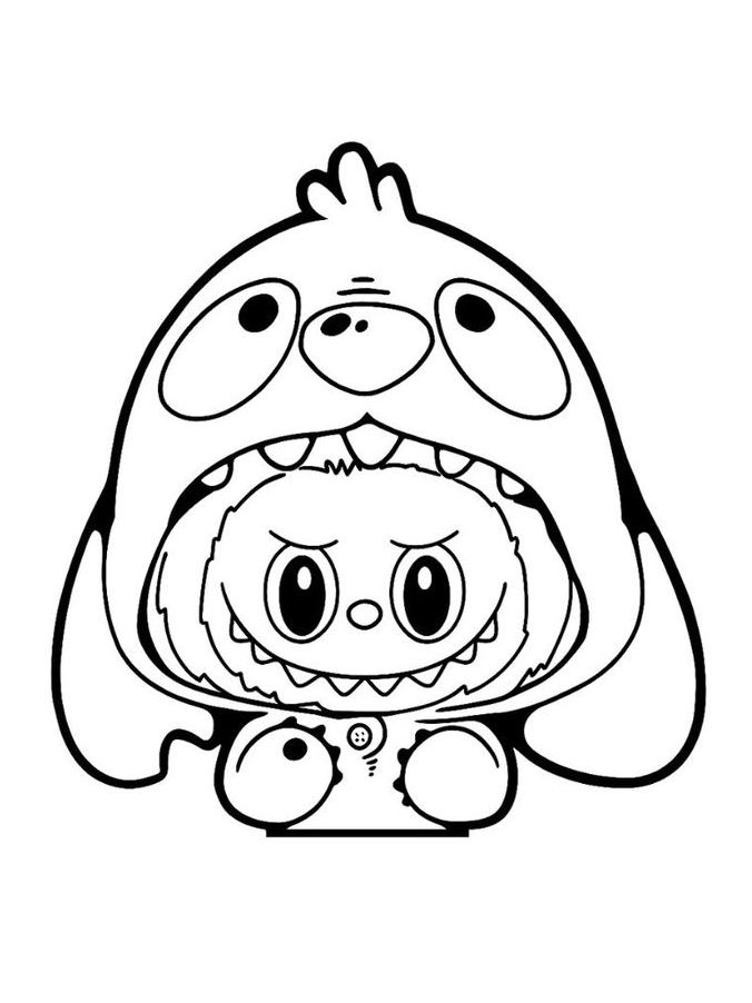 Desenho do Labubu vestindo fantasia de Stitch com grandes olhos redondos e orelhas grandes para imprimir e colorir.