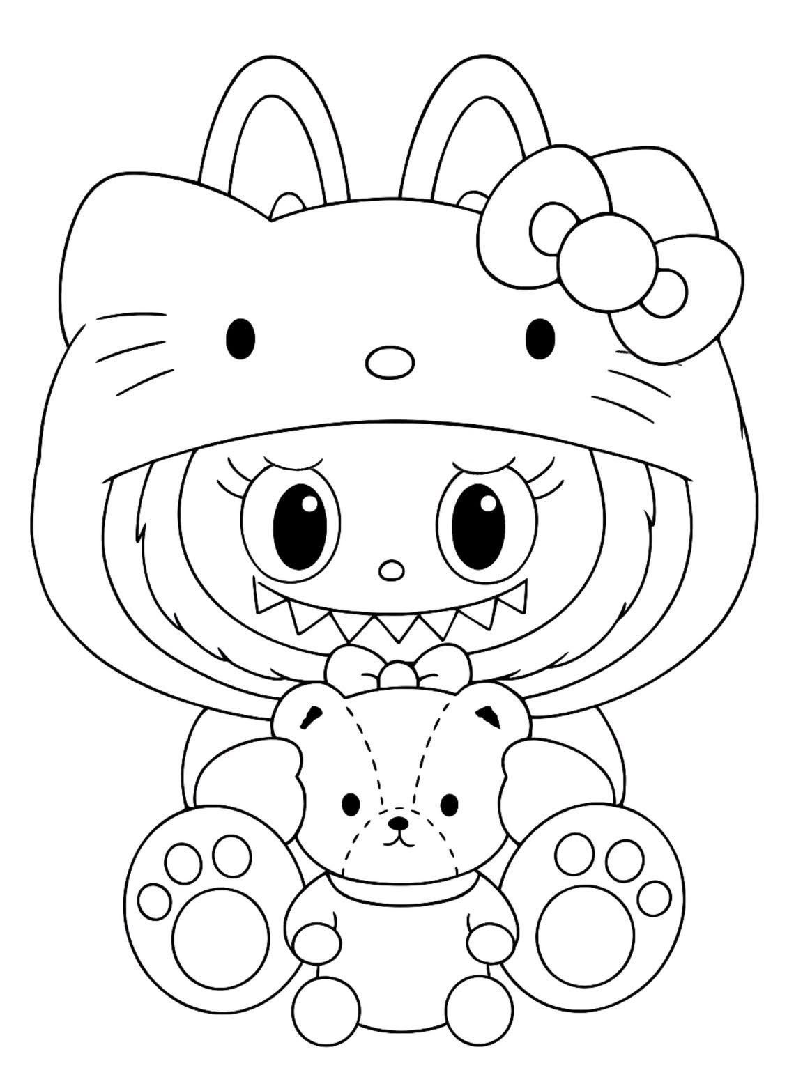 Desenho do Labubu Hello Kitty com capuz, orelhas e laço da Hello Kitty, dentes pontudos e um ursinho de pelúcia para imprimir e colorir.