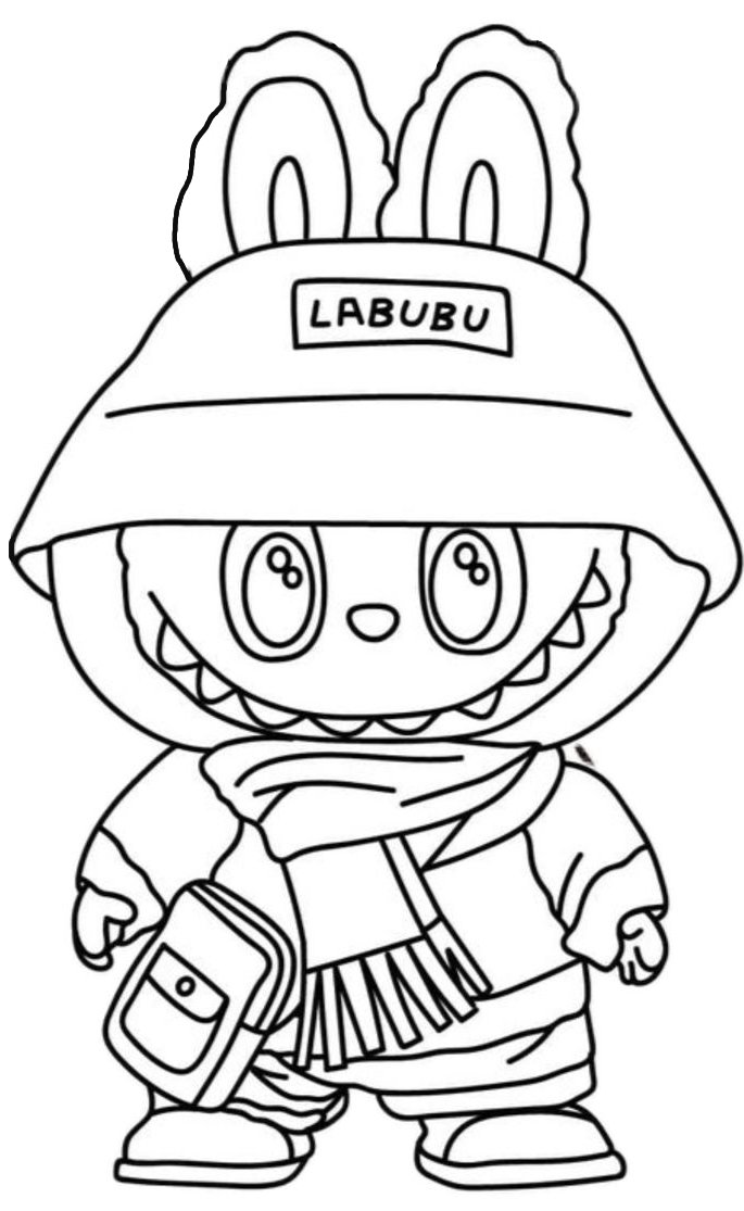 Desenho do personagem Labubu de inverno com chapéu, casaco e cachecol para imprimir e colorir.