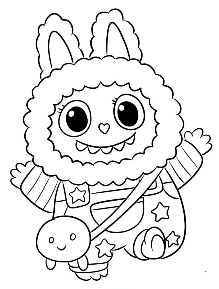 Desenho do Labubu Kawaii, criatura fofa com orelhas de coelho, macacão com estrelas e coração no nariz, ideal para colorir e soltar a imaginação.
