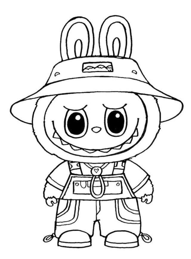 Desenho do Labubu pescador, criatura fantástica com orelhas de coelho, chapéu de pescador e macacão, pronto para imprimir e colorir.