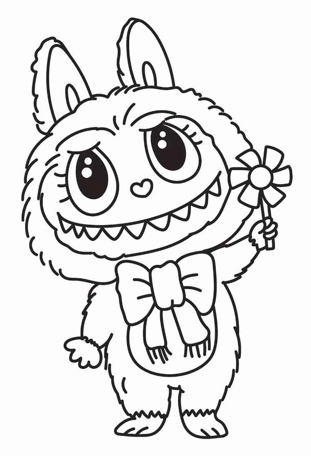 Desenho de um Labubu fofinho segurando uma flor, com grandes olhos expressivos e um laço charmoso, pronto para imprimir e ganhar cores vibrantes.
