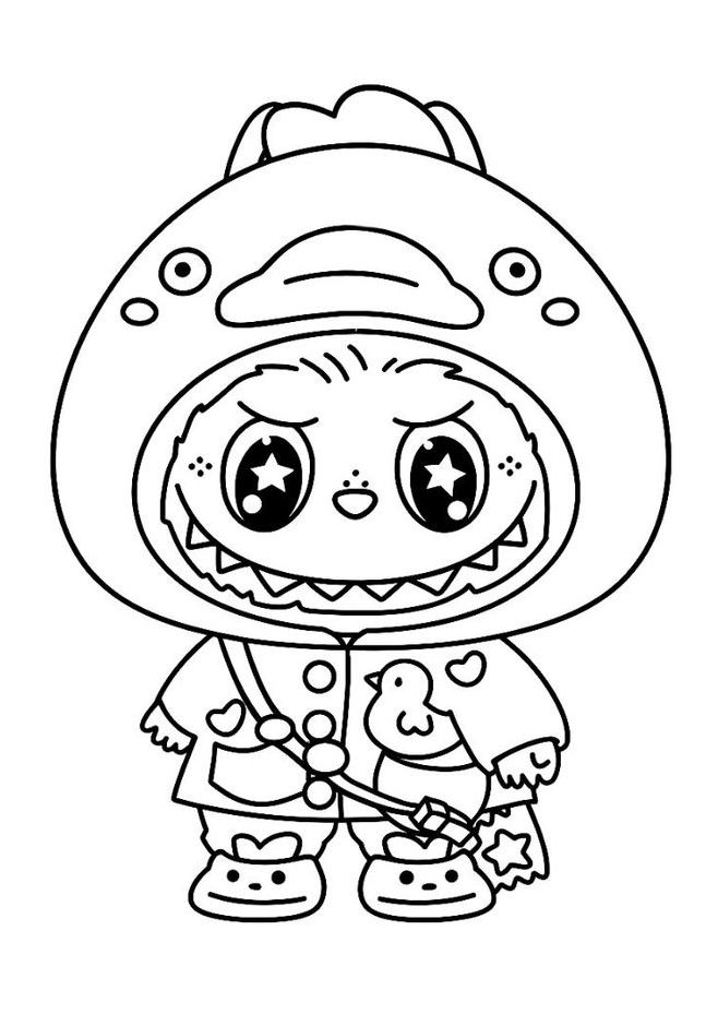 Desenho do Labubu vestido com fantasia de pato, varinha mágica, olhos grandes com estrelas e um pássaro na roupa para imprimir e colorir.
