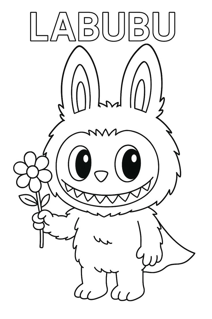Desenho de Labubu, criatura peluda com orelhas de coelho e capa, segurando uma margarida para imprimir e colorir.