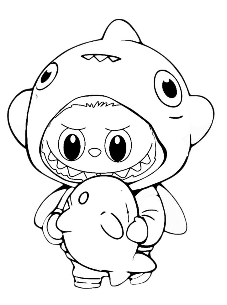Desenho do Labubu vestido com uma fantasia fofa de tubarão segurando um fantasma para imprimir e colorir.