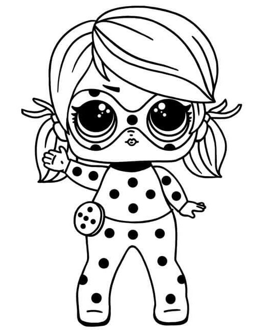 Desenho da Ladybug Boneca LOL com máscara, marias-chiquinhas e roupa de bolinhas, ideal para imprimir e colorir.