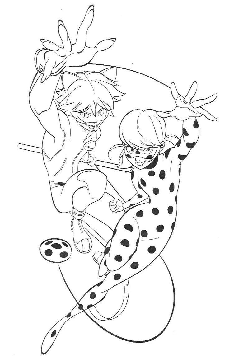 Desenho da Ladybug e Cat Noir em estilo cartoon para imprimir e colorir.