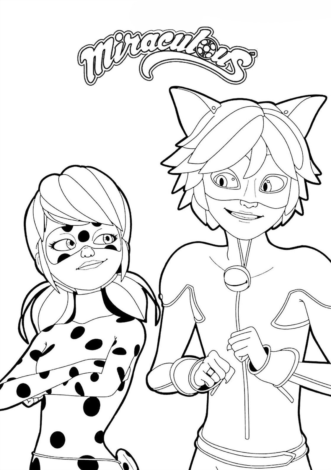 Desenho da Ladybug e Cat Noir, os heróis de Miraculous, com seus trajes característicos e o logo da animação, pronto para imprimir e colorir.