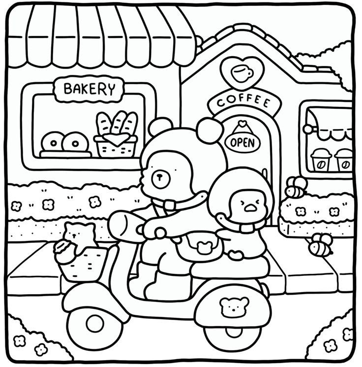 Desenho de um urso Bobbie Goods dirigindo uma lambreta com um pato, passando por uma padaria e cafeteria para imprimir e colorir.