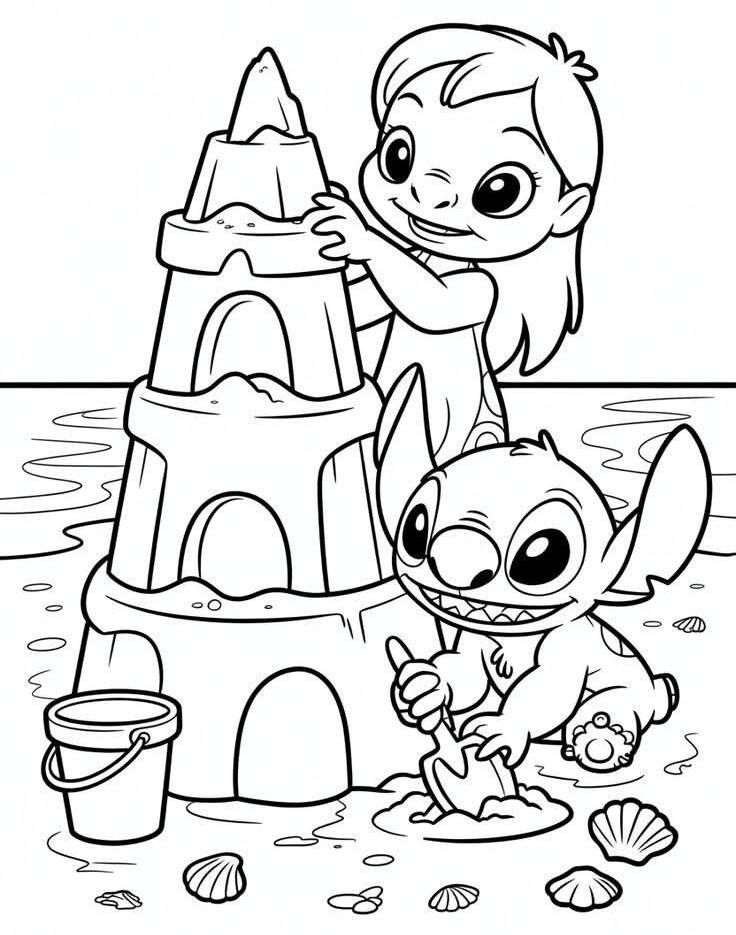 Desenho de Lilo e Stitch construindo um castelo de areia na praia, celebrando a amizade, para imprimir e colorir.