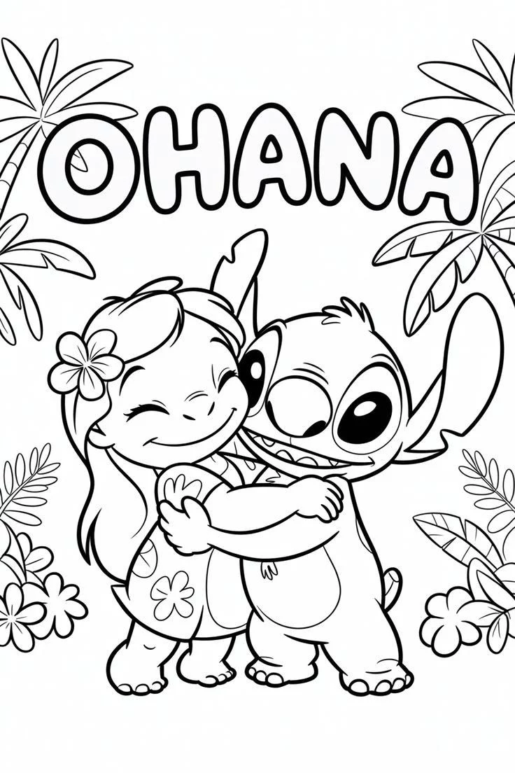 Desenho de Lilo e Stitch abraçados com a palavra Ohana, celebrando a família e a amizade, para imprimir e colorir.