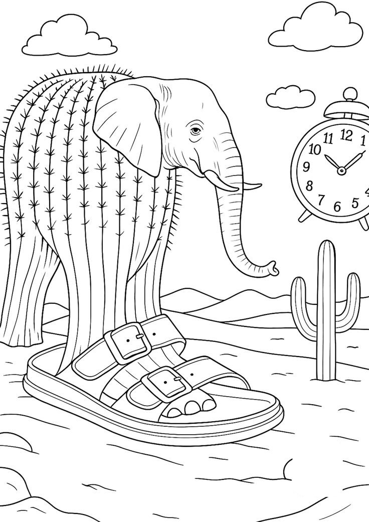 Desenho de Lirili Larila, criatura surreal com corpo de cacto, cabeça de elefante e sandálias, para imprimir e colorir.