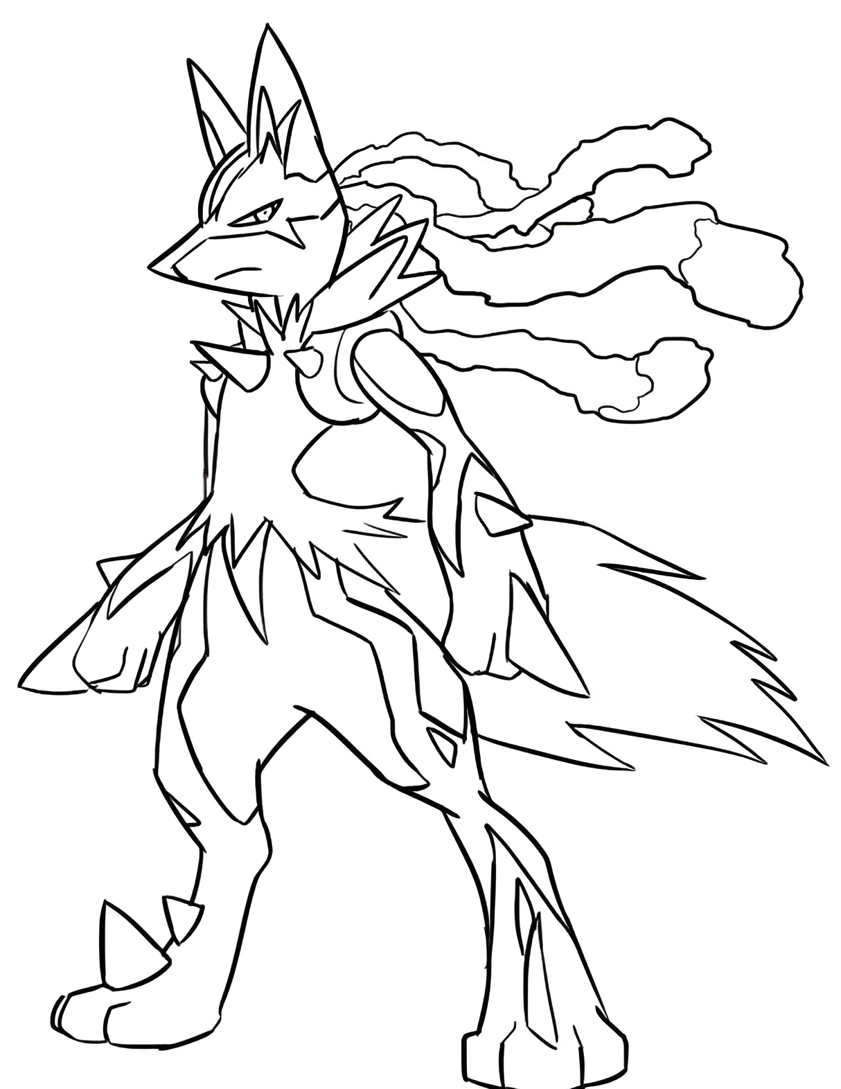 Desenho do Lucario, um Pokémon do tipo lutador e metal, com pelos espetados para imprimir e colorir.